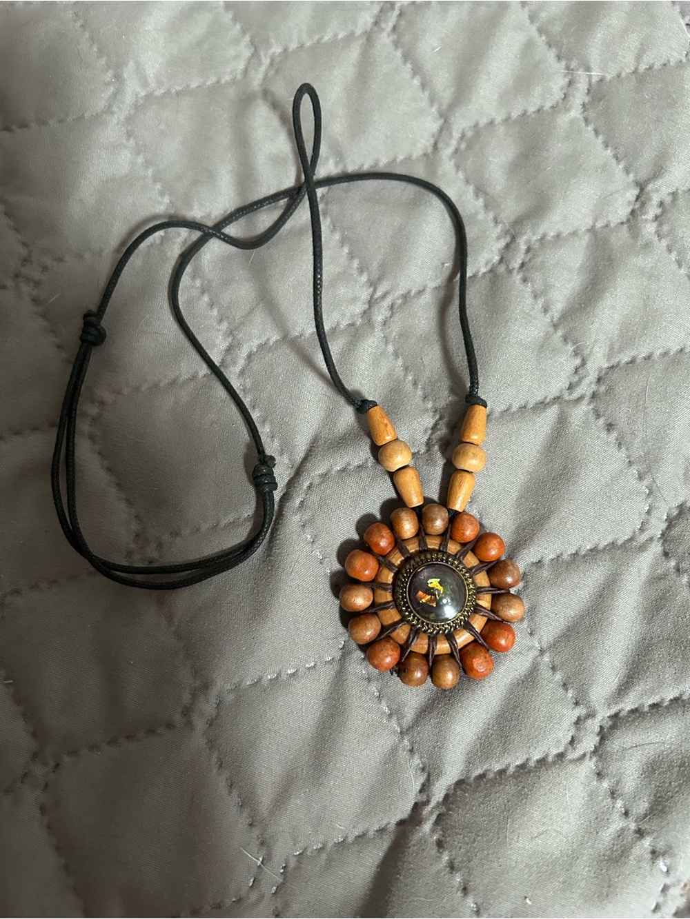Wood Bead Sunburst Pendant Necklace in Brown